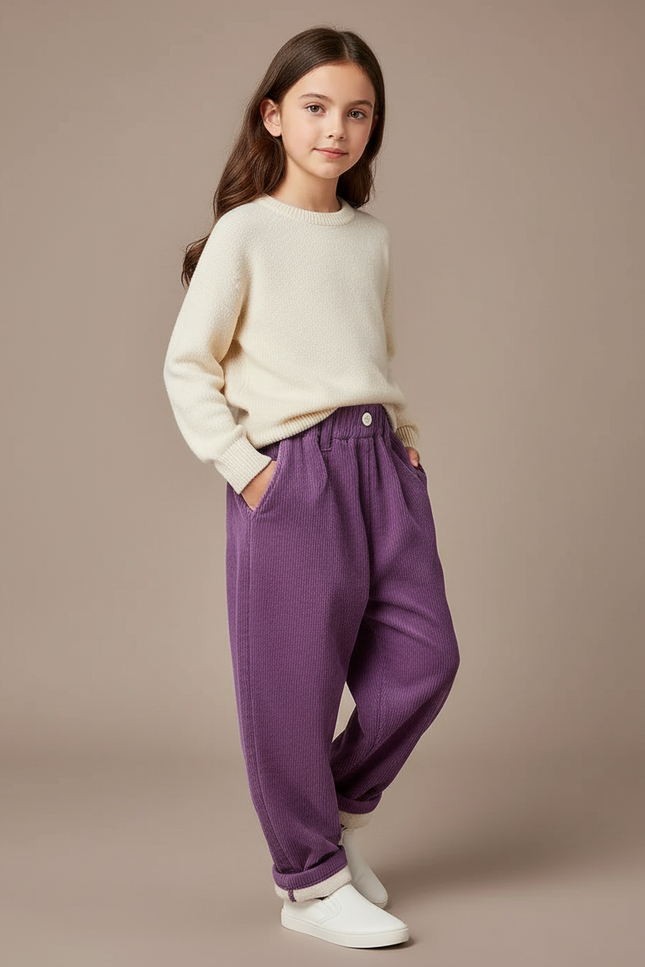 Pantalon Baggy Violet Côtelé Ample Décontracté Enfant - Cordé