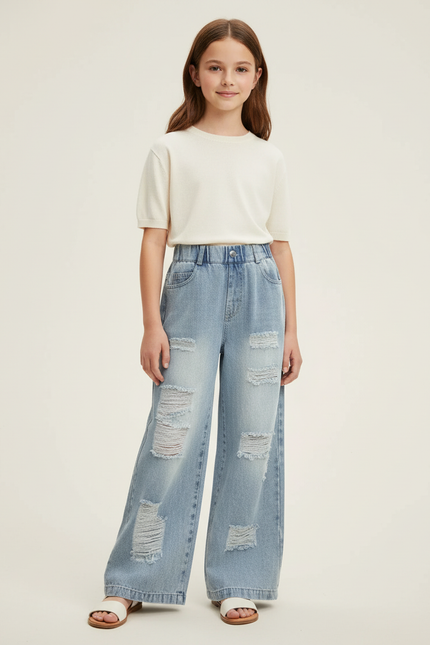 Pantalon Baggy Bleu Jean Ample Délavé Fille