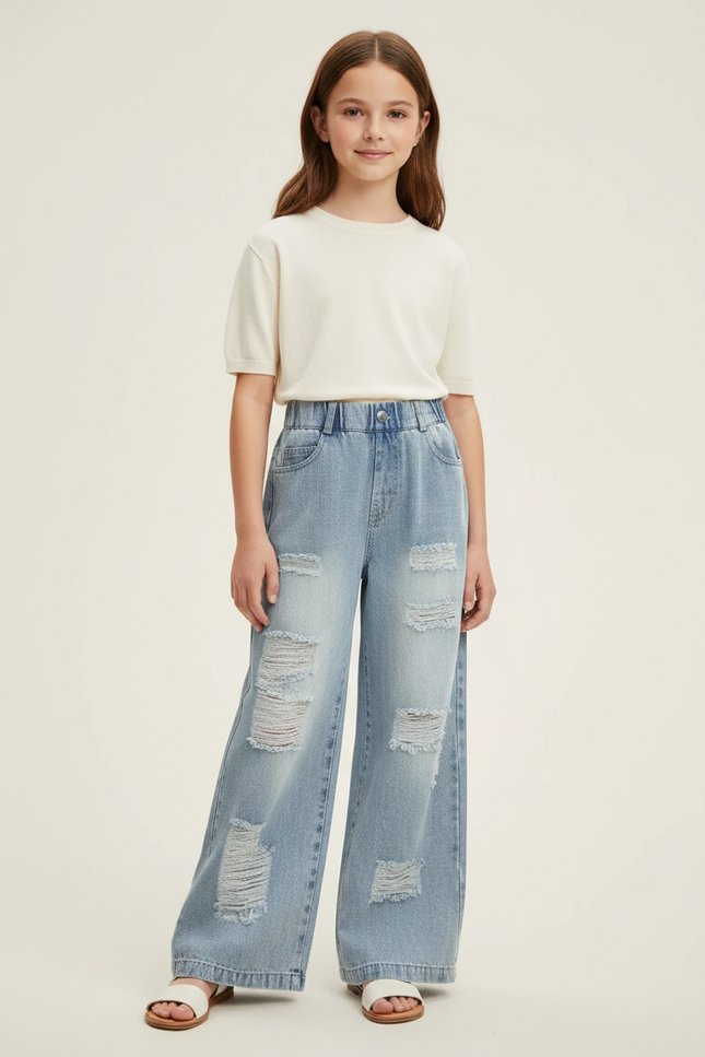 Pantalon Baggy Bleu Jean Ample Délavé Fille