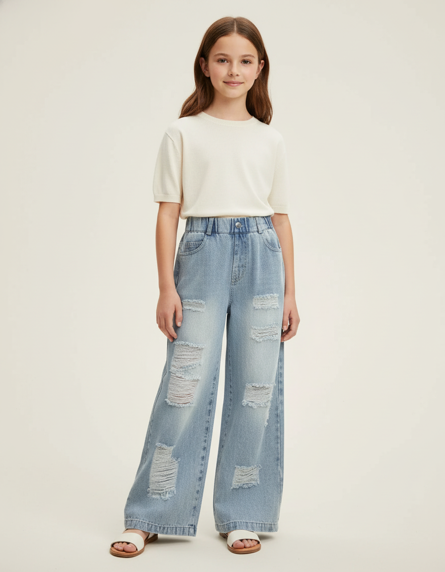Pantalon Baggy Bleu Jean Ample Délavé Fille