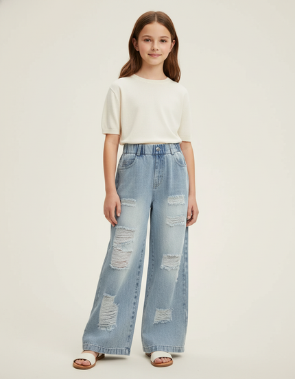 Pantalon Baggy Bleu Jean Ample Délavé Fille