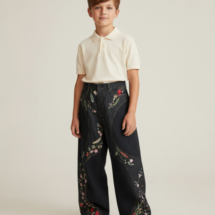 Pantalon Baggy Noir Broderies Florales Ample Unisexe - Jean