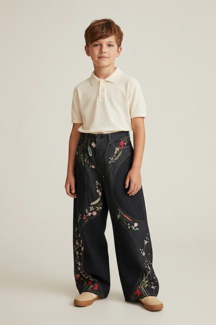 Pantalon Baggy Noir Broderies Florales Ample Unisexe - Jean