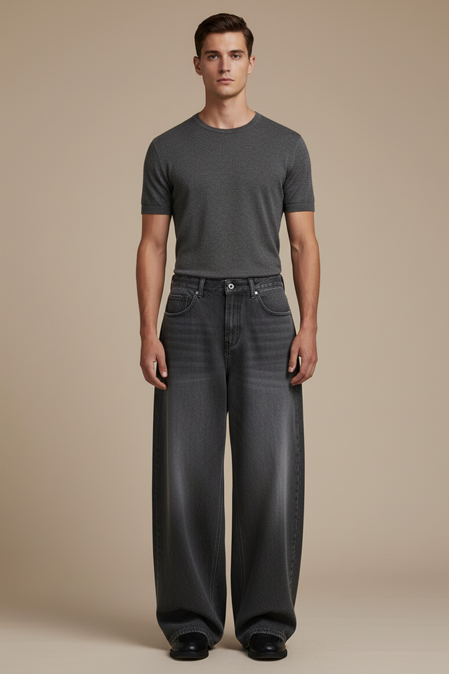 Pantalon Baggy Gris Denim Ample Décontracté Homme - Jean
