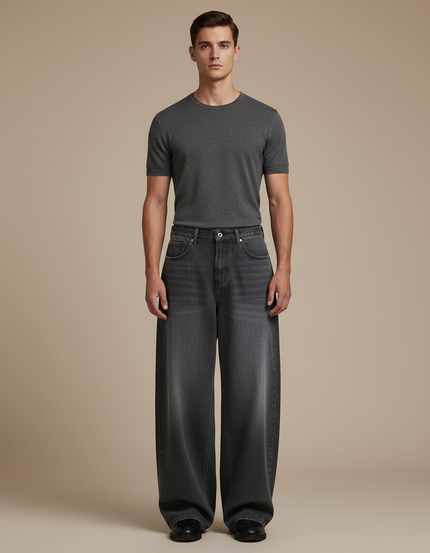 Pantalon Baggy Gris Denim Ample Décontracté Homme - Jean