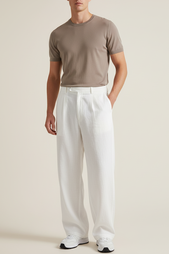 Pantalon Baggy Blanc Lin Plissé Ample Décontracté Homme