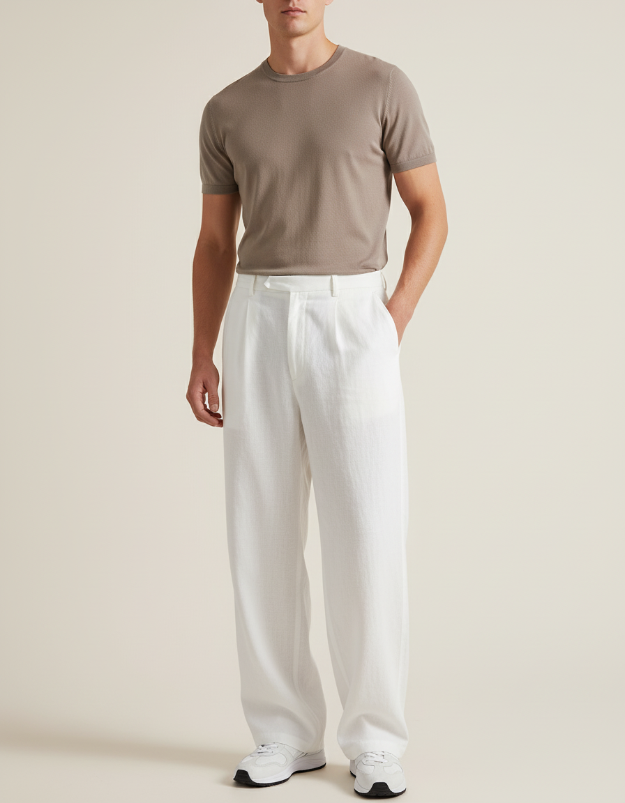 Pantalon Baggy Blanc Lin Plissé Ample Décontracté Homme