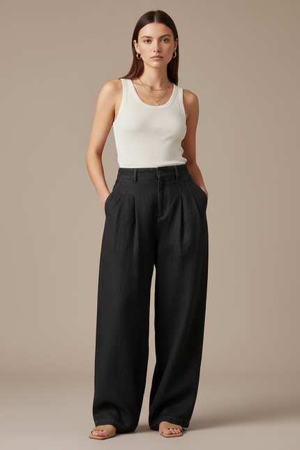 Pantalon Baggy Noir Denim Plissé Ample Femme - Jean