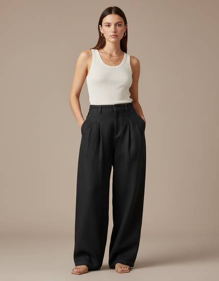 Pantalon Baggy Noir Denim Plissé Ample Femme - Jean