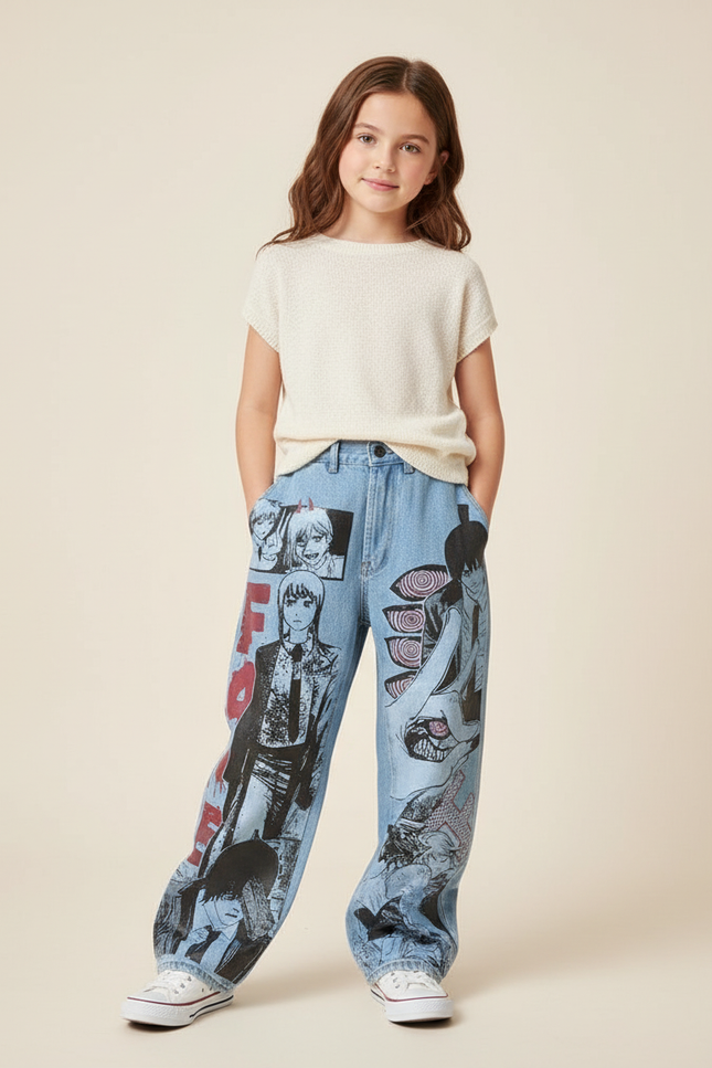 Pantalon Baggy Jean Clair Anime Imprimé Manga Fille - Bleu