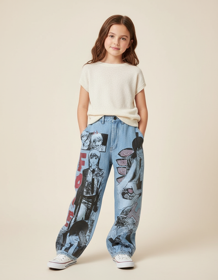 Pantalon Baggy Jean Clair Anime Imprimé Manga Fille - Bleu