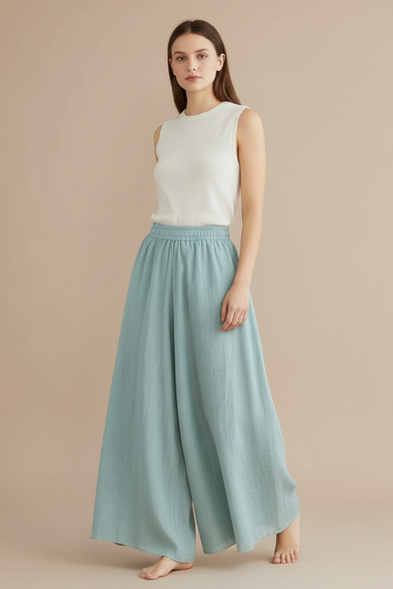 Pantalon Baggy Fluide Large Coton Lin Vert Pâle