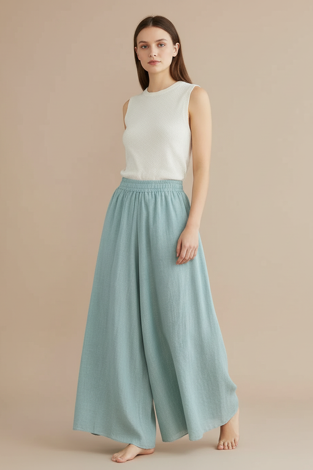 Pantalon Baggy Fluide Large Coton Lin Vert Pâle