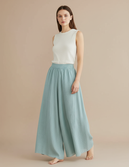 Pantalon Baggy Fluide Large Coton Lin Vert Pâle