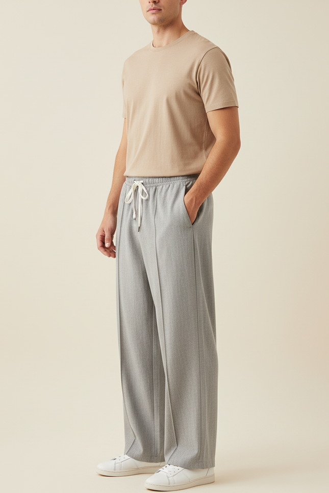 Pantalon Baggy Gris Clair Droit Cordon Homme - Gabardine