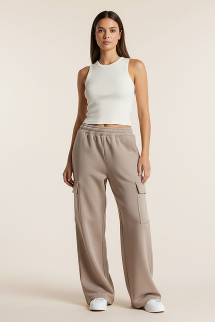 Pantalon Baggy Cargo Ample Molleton Beige Décontracté