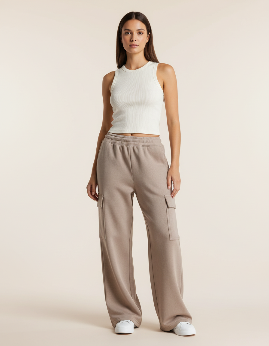 Pantalon Baggy Cargo Ample Molleton Beige Décontracté