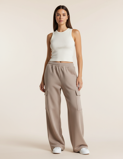 Pantalon Baggy Cargo Ample Molleton Beige Décontracté