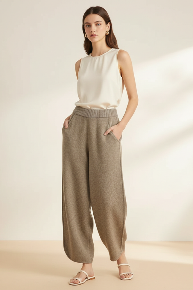 Pantalon Baggy Laine Marron Ample Tricoté Hiver