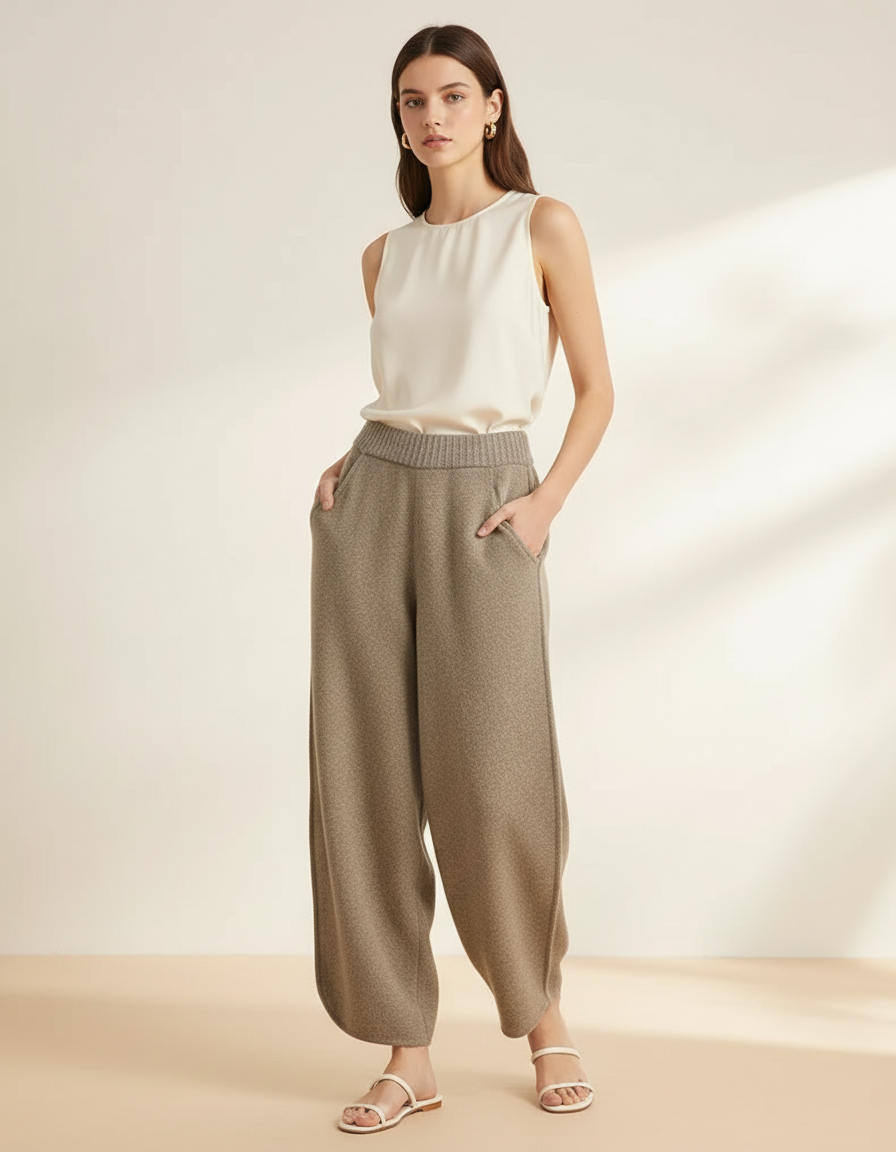 Pantalon Baggy Laine Marron Ample Tricoté Hiver