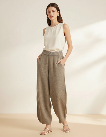 Pantalon Baggy Laine Marron Ample Tricoté Hiver