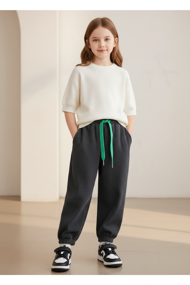 Pantalon Baggy Gris Côtelé Ample Cordon Vert - Cordé