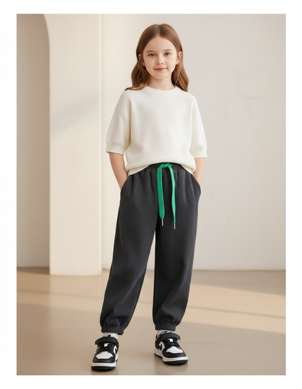 Pantalon Baggy Gris Côtelé Ample Cordon Vert - Cordé