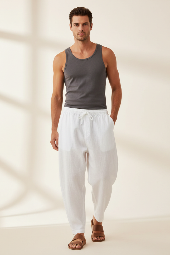 Pantalon Baggy Blanc Lin Ample Cordon Décontracté Homme