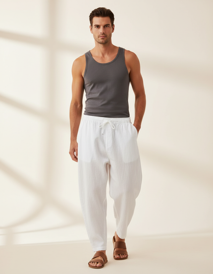 Pantalon Baggy Blanc Lin Ample Cordon Décontracté Homme
