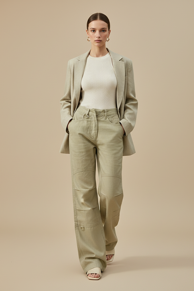 Pantalon Baggy Kaki Ample Décontracté Taille Haute Femme - Gabardine