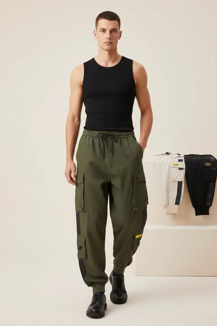 Pantalon Baggy Vert Kaki Cargo Multi-Poches Décontracté Homme - Toile