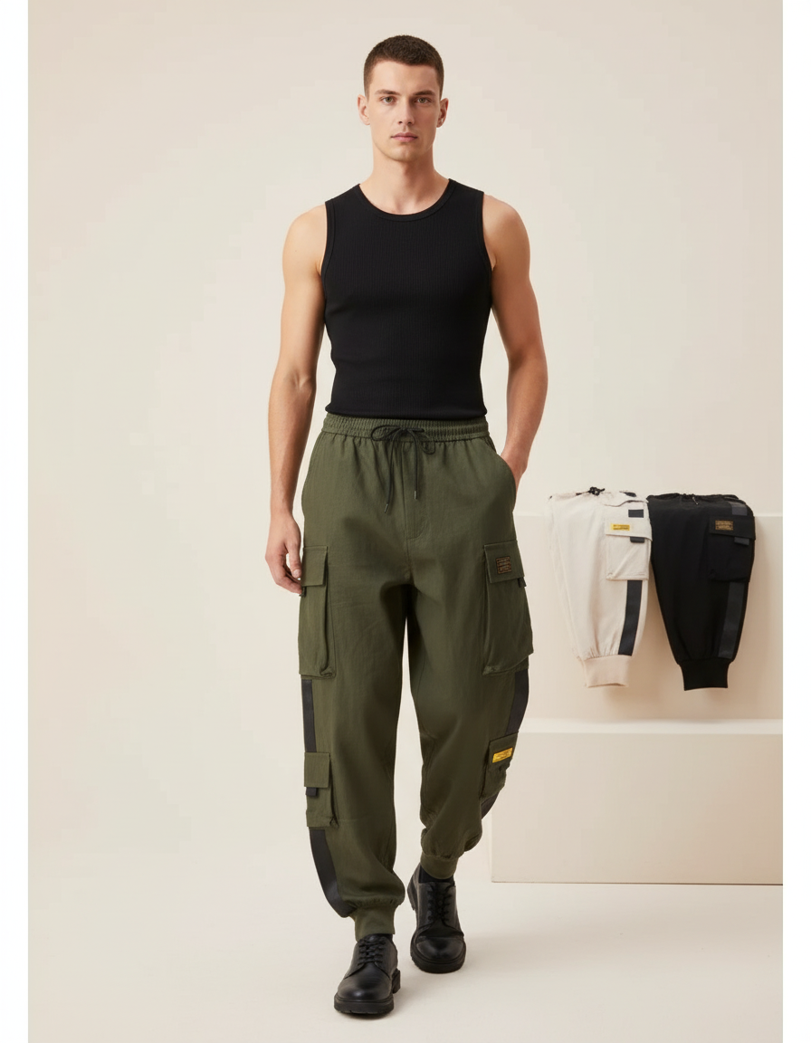 Pantalon Baggy Vert Kaki Cargo Multi-Poches Décontracté Homme - Toile