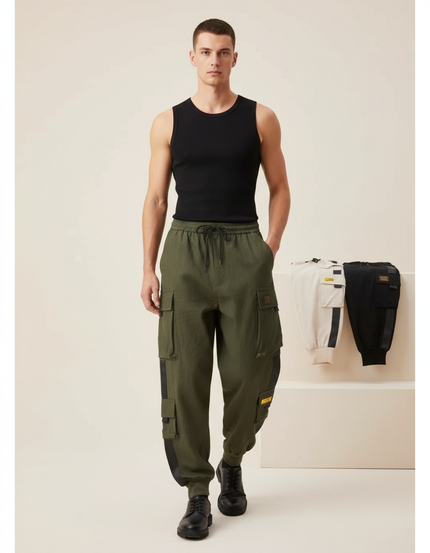Pantalon Baggy Vert Kaki Cargo Multi-Poches Décontracté Homme - Toile