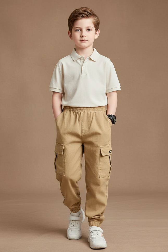 Pantalon Baggy Cargo Beige Décontracté Coton Garçon - Toile