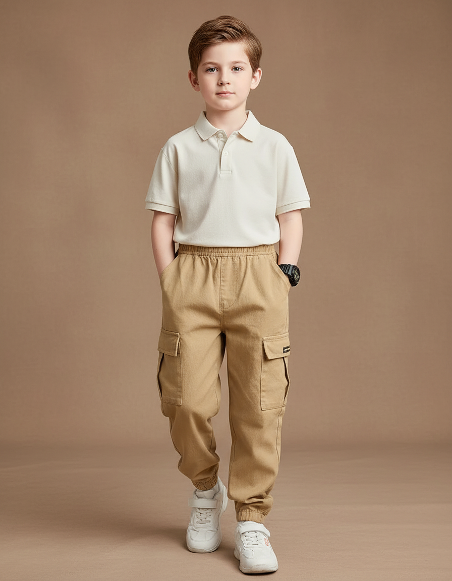 Pantalon Baggy Cargo Beige Décontracté Coton Garçon - Toile