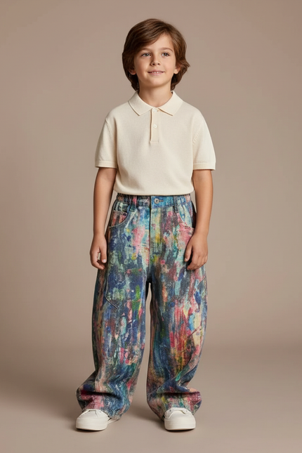 Pantalon Baggy Denim Peinture Colorée Ample Enfant - Multicolore Jean