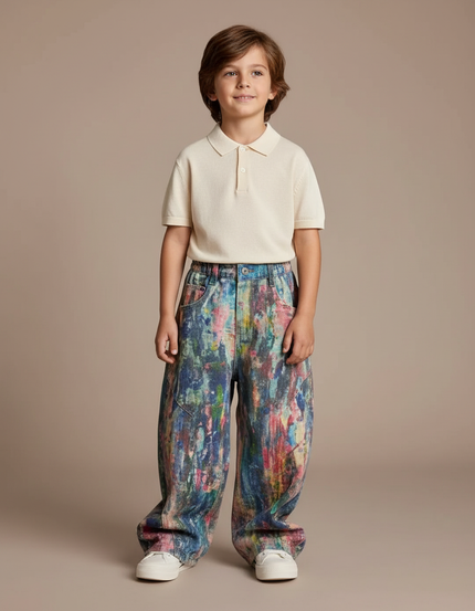 Pantalon Baggy Denim Peinture Colorée Ample Enfant - Multicolore Jean