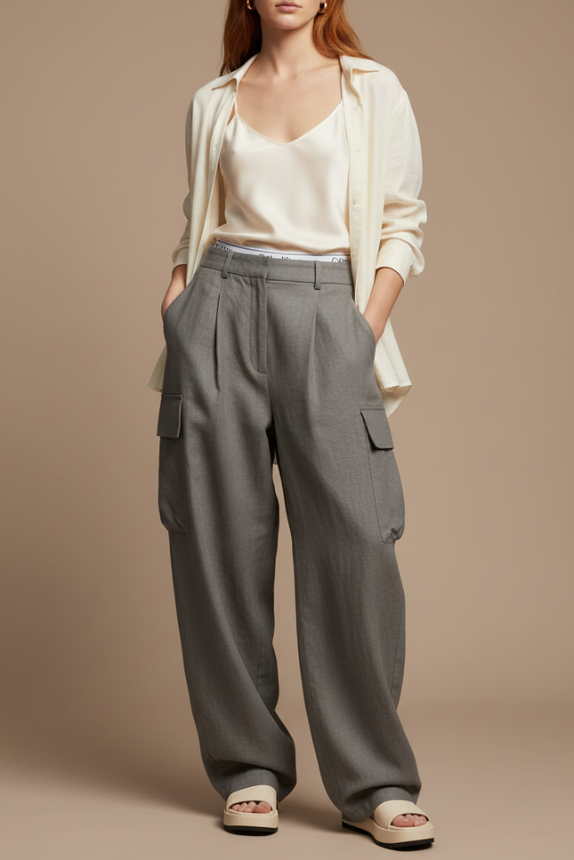 Pantalon Baggy Gris Plissé Ample Cargo Femme - Laine