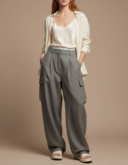 Pantalon Baggy Gris Plissé Ample Cargo Femme - Laine