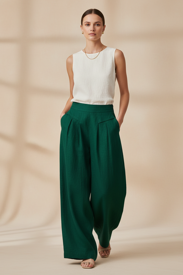 Pantalon Baggy Vert Émeraude Ample Lin Plissé