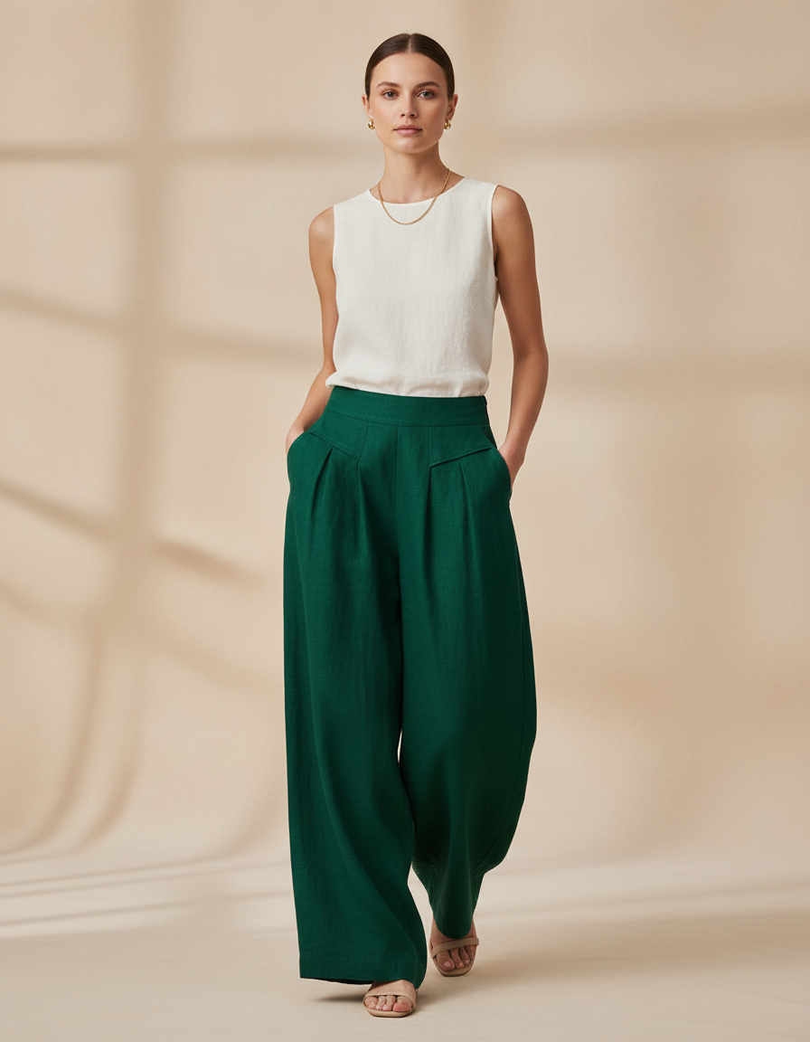 Pantalon Baggy Vert Émeraude Ample Lin Plissé