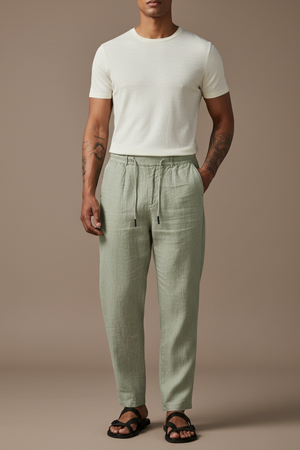 Pantalon Baggy Vert Menthe Lin Ample Cordon Décontracté