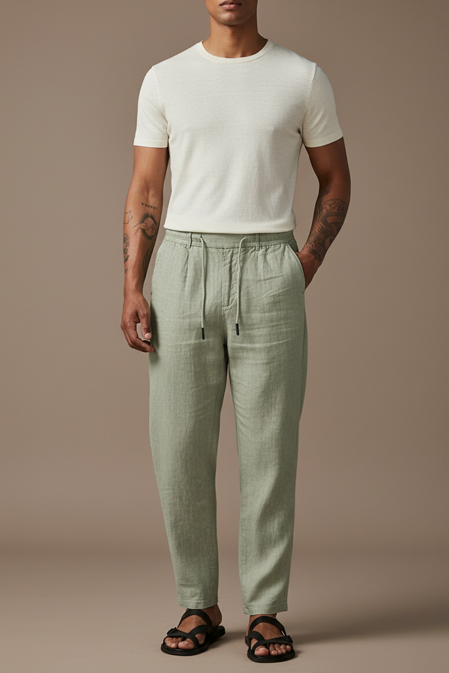 Pantalon Baggy Vert Menthe Lin Ample Cordon Décontracté