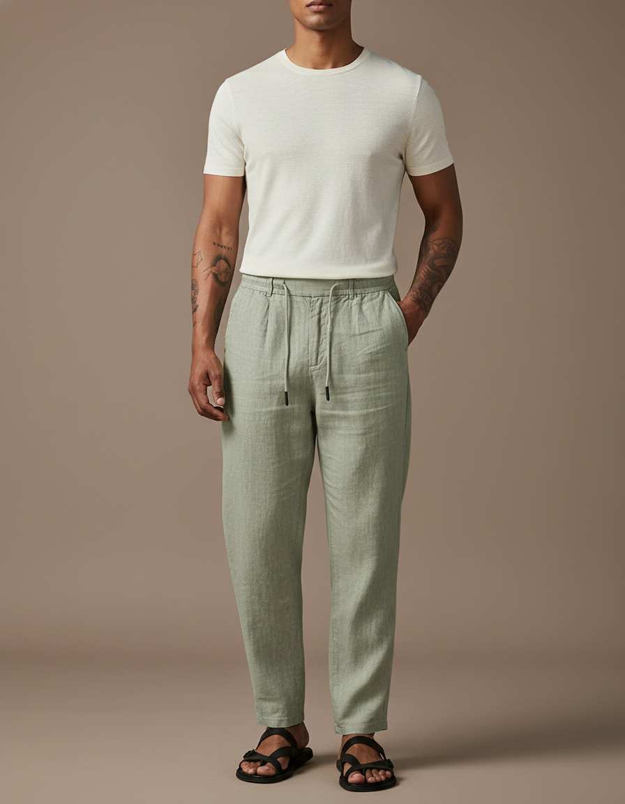 Pantalon Baggy Vert Menthe Lin Ample Cordon Décontracté