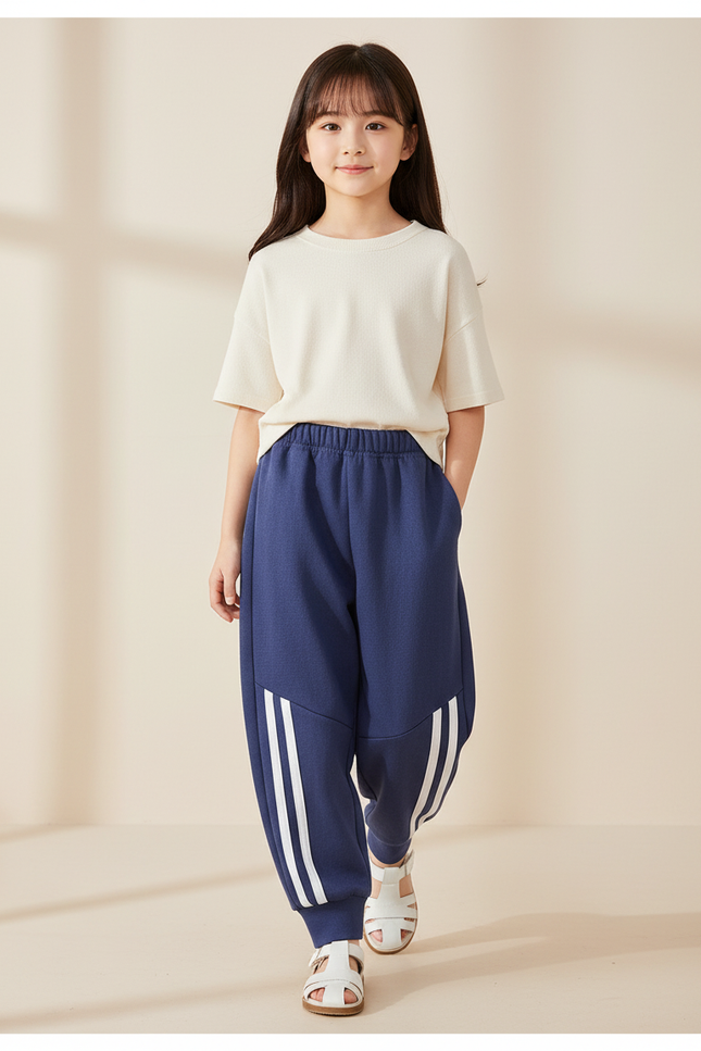 Pantalon Baggy Bleu Marine Molletonné Sportif Rayures Blanches