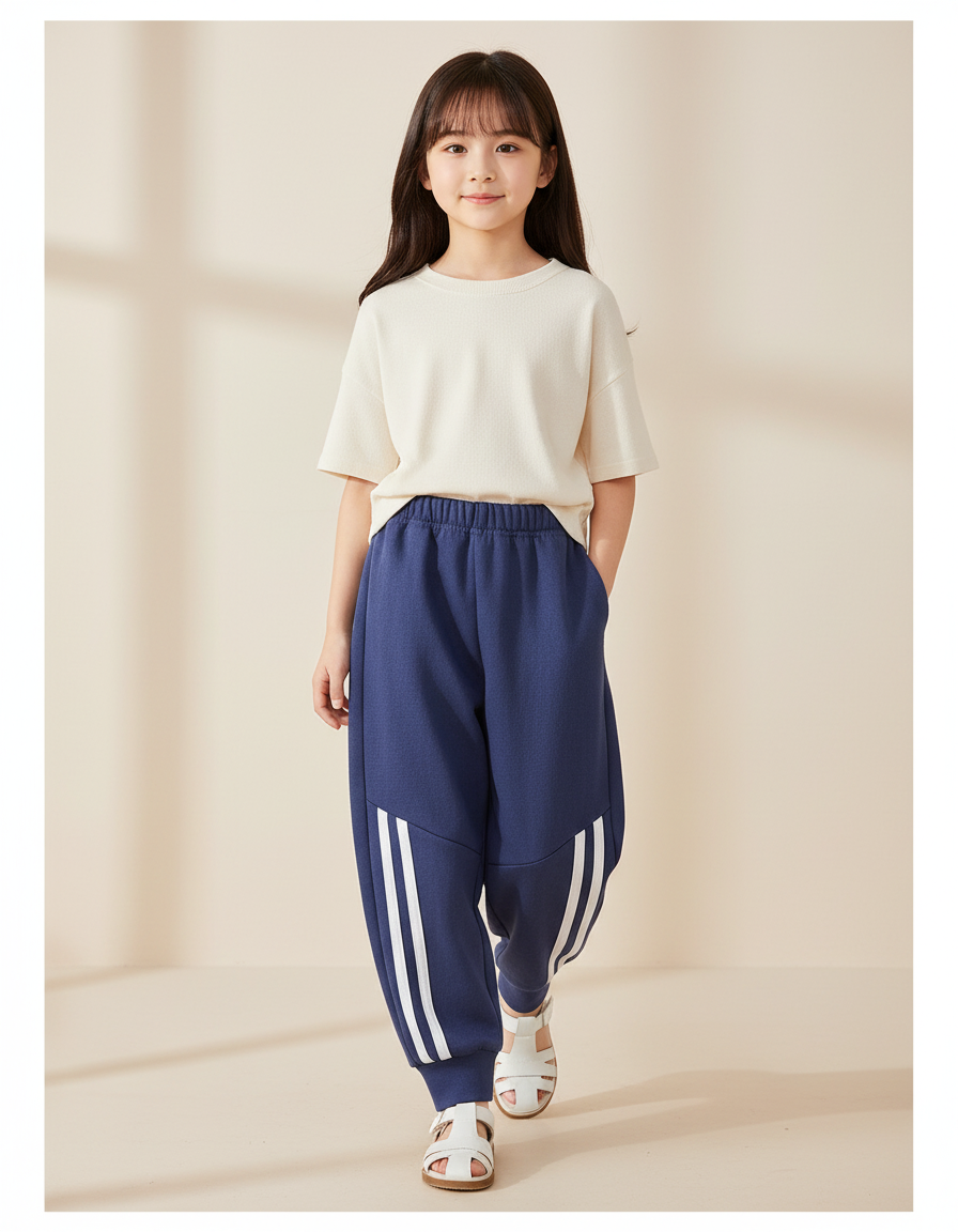Pantalon Baggy Bleu Marine Molletonné Sportif Rayures Blanches