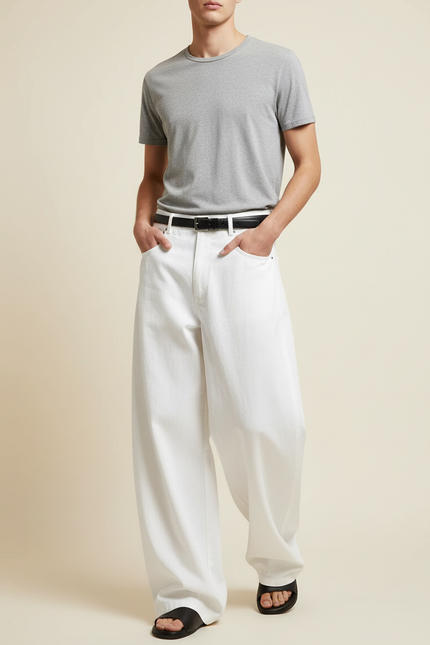 Pantalon Baggy Blanc Ample Décontracté Denim Homme - Jean