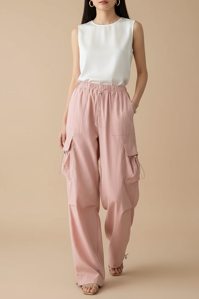 Pantalon Baggy Rose Cargo Ample Décontracté Femme - Toile