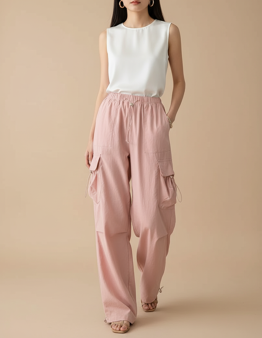 Pantalon Baggy Rose Cargo Ample Décontracté Femme - Toile