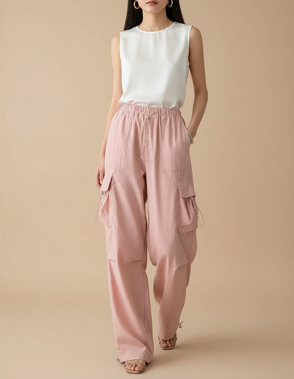 Pantalon Baggy Rose Cargo Ample Décontracté Femme - Toile